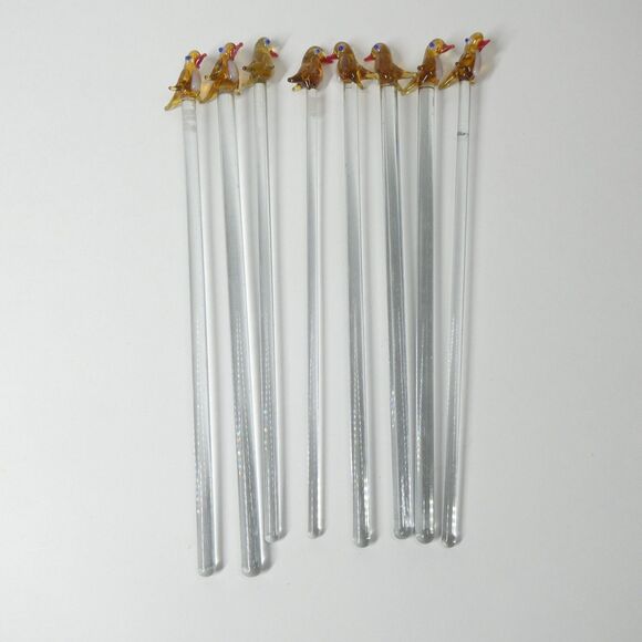 Cocktail Stirrers Brown Birds Hand Blown Glass Set of 8 Vintage Swizzle Sticks - Picture 2 of 7